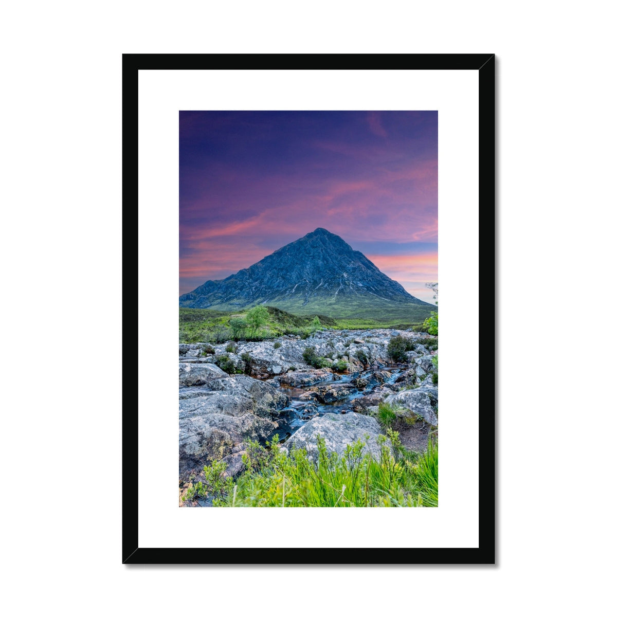 Buachaille Etive Mor dawn print: black-framed purple-pink sunset with textured rocks