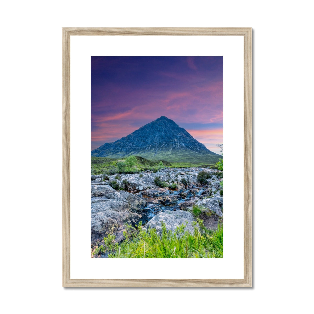 Buachaille Etive Mor dawn print with wooden frame and purple pink sky
