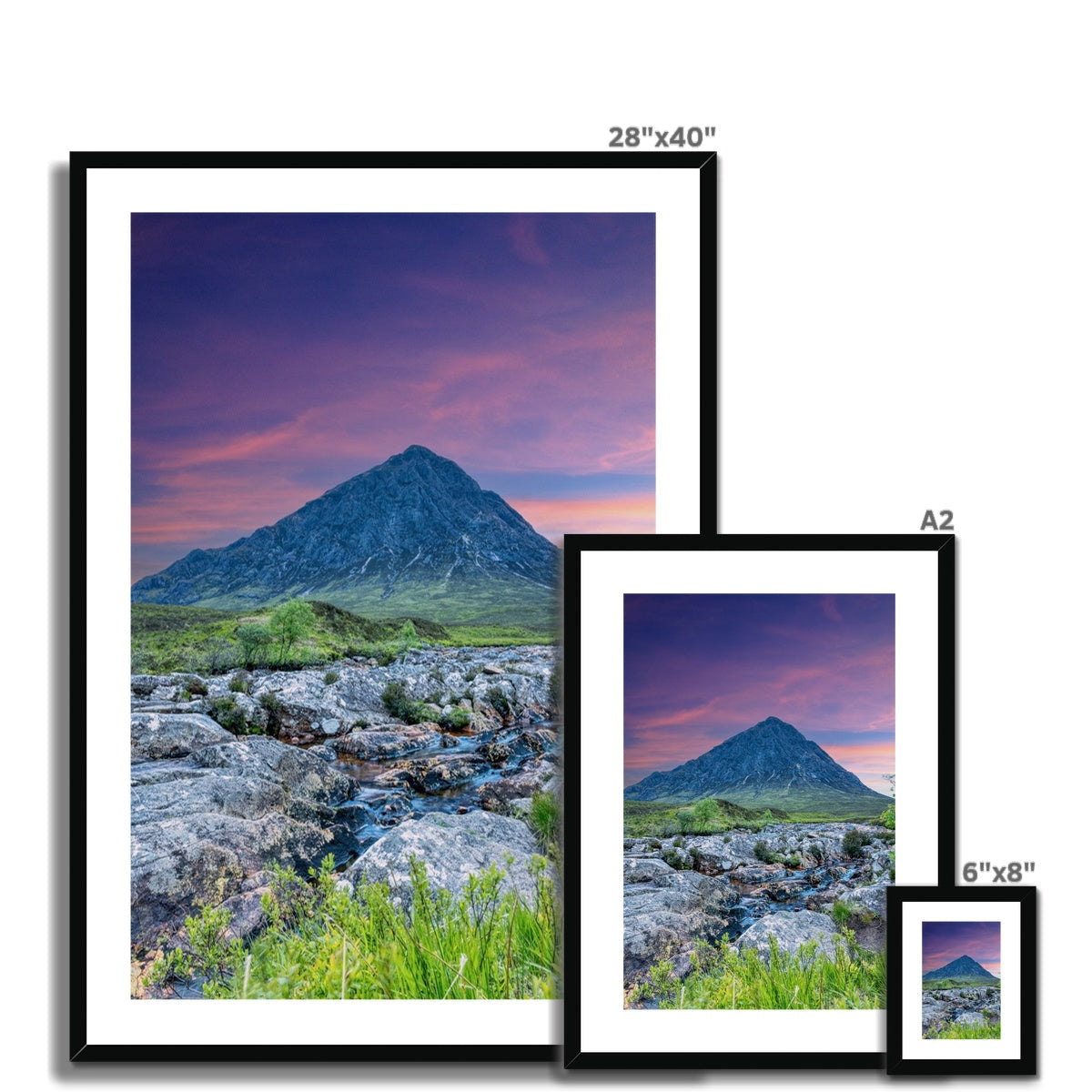 Framed 28x40 Buachaille Etive Mor dawn print in purple pink hues