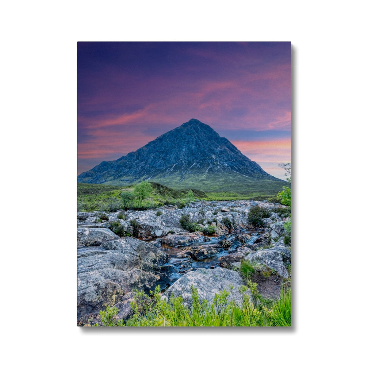 Buachaille Etive Mor dawn canvas print with purple pink hues textured rocks