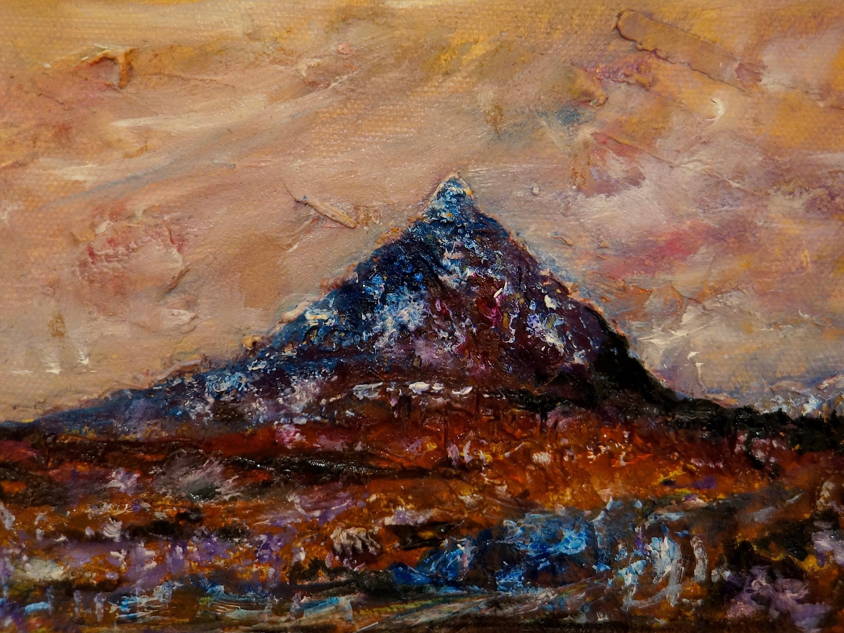 Textured mountain landscape painting of Buachaille Etive Mòr at dusk