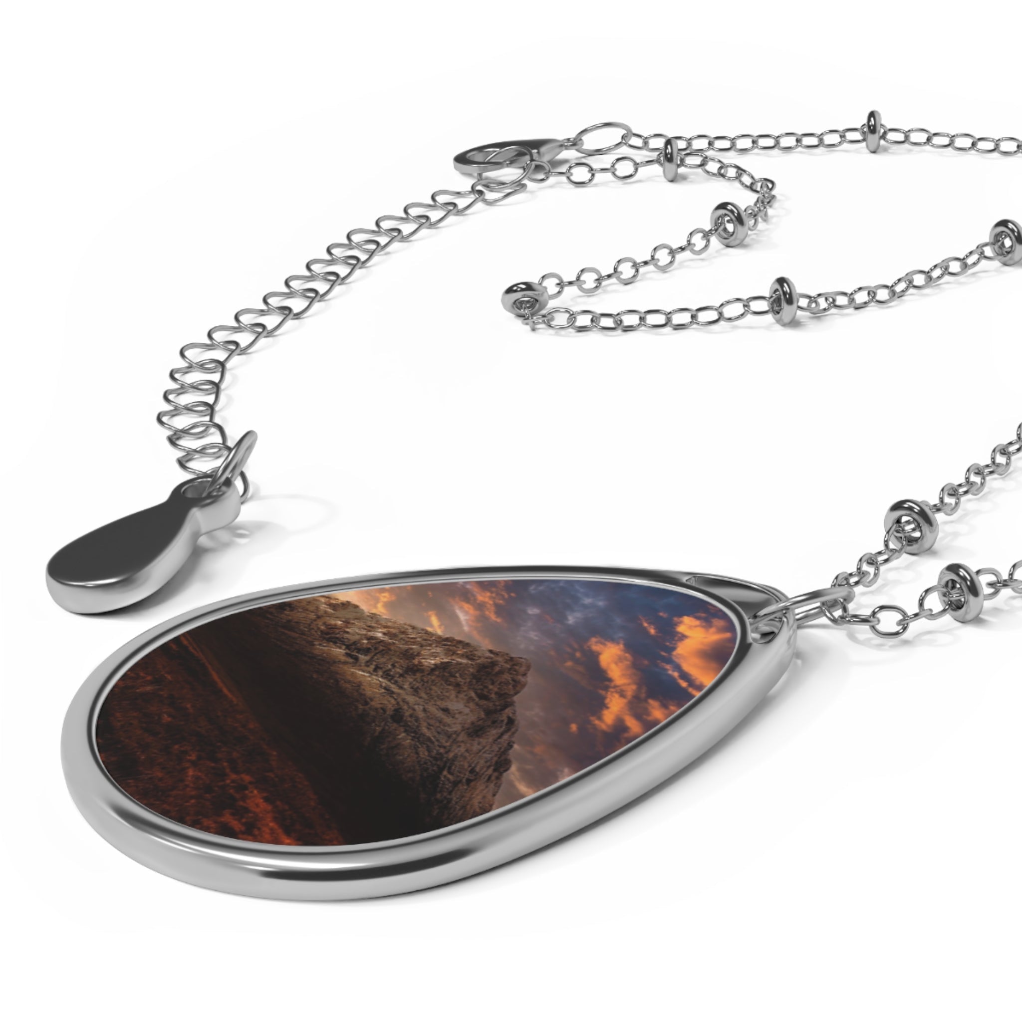 Silver necklace with teardrop pendant featuring Buachaille Etive Mor rocky landscape scene