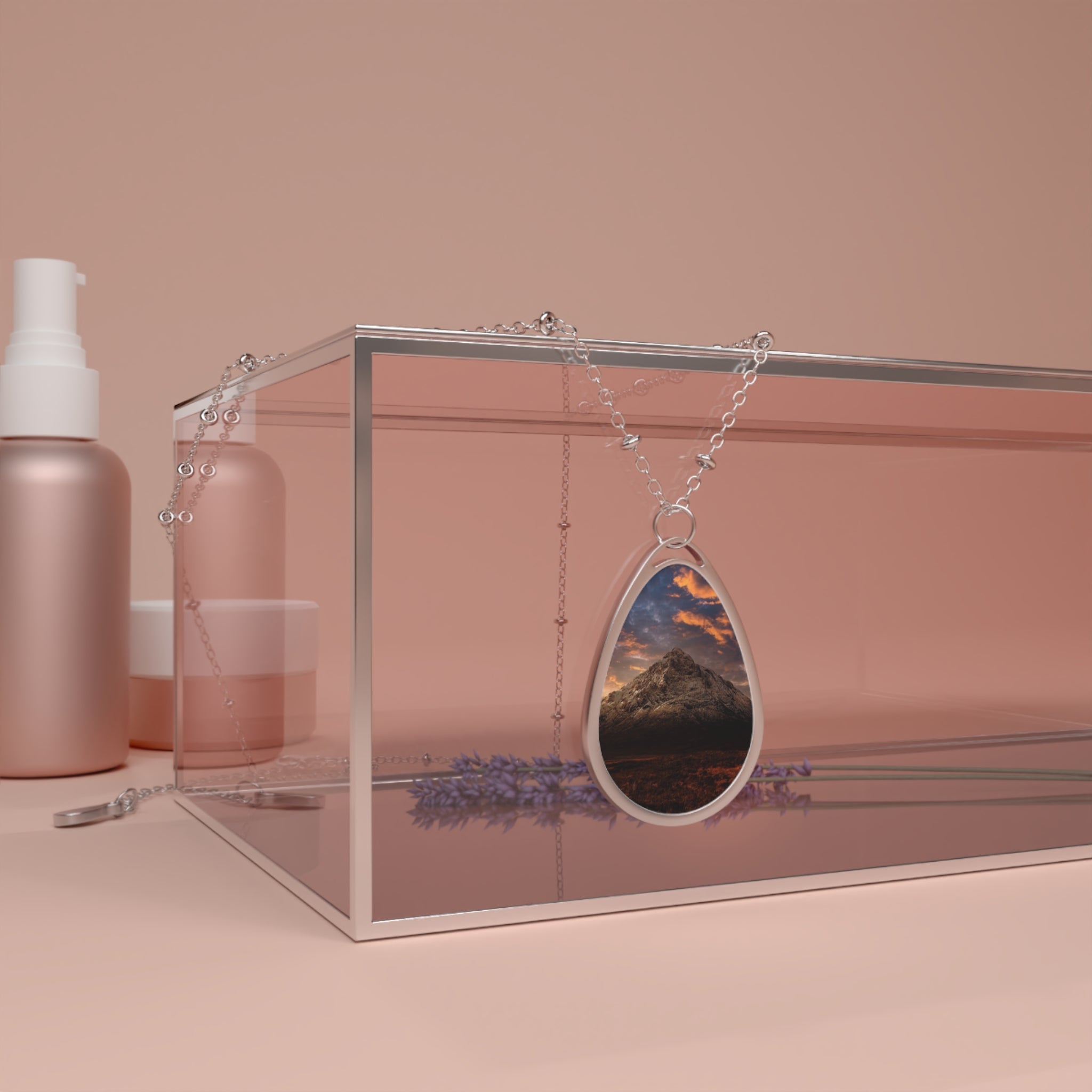 Silver teardrop pendant with embedded Mountain Landscape on delicate silver chain for Buachaille Etive Mor Dusk Necklace