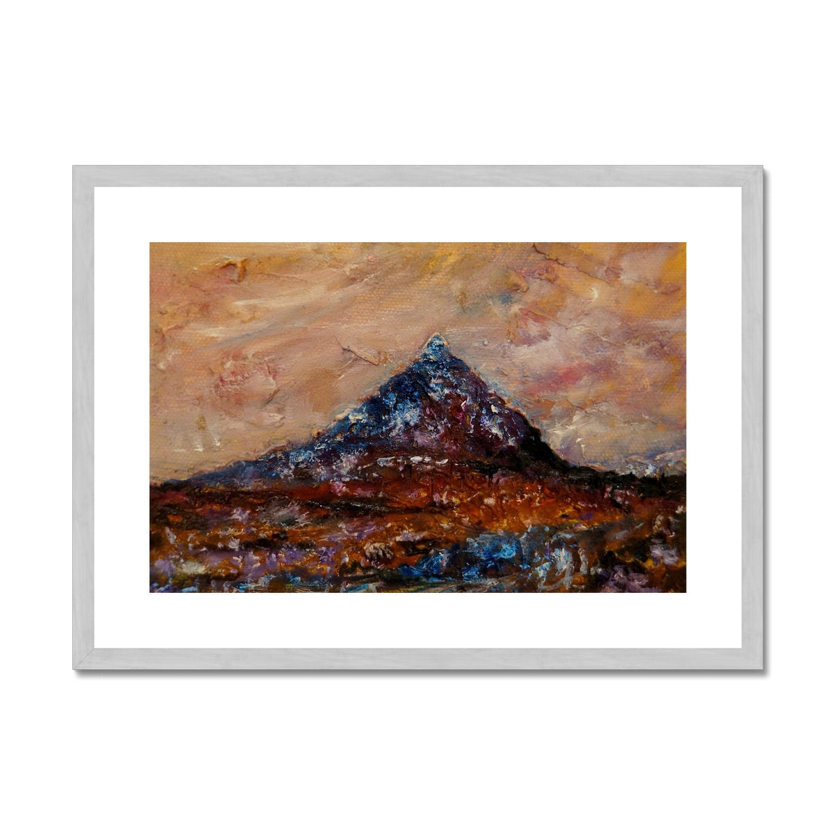 Buachaille Etive Mòr Painting | Antique Framed & Mounted Prints From Scotland-Antique Framed & Mounted Prints-Glencoe Art Gallery-A2 Landscape-Silver Frame-Paintings, Prints, Homeware, Art Gifts From Scotland By Scottish Artist Kevin Hunter