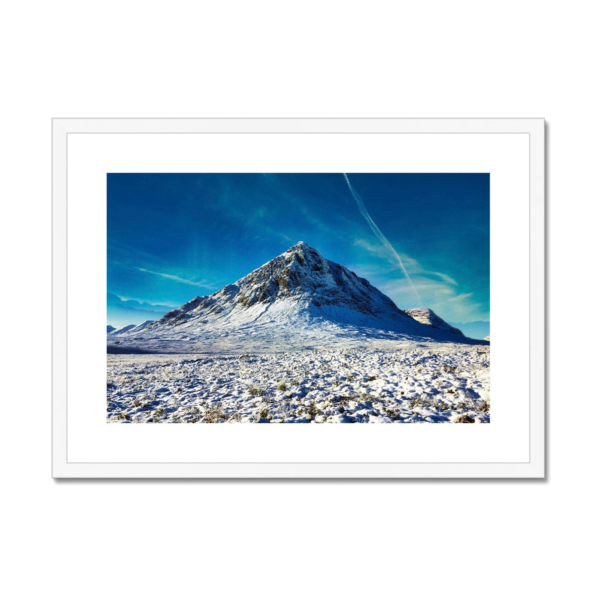 White framed Buachaille Etive Mor winter print with snowy peak and blue sky