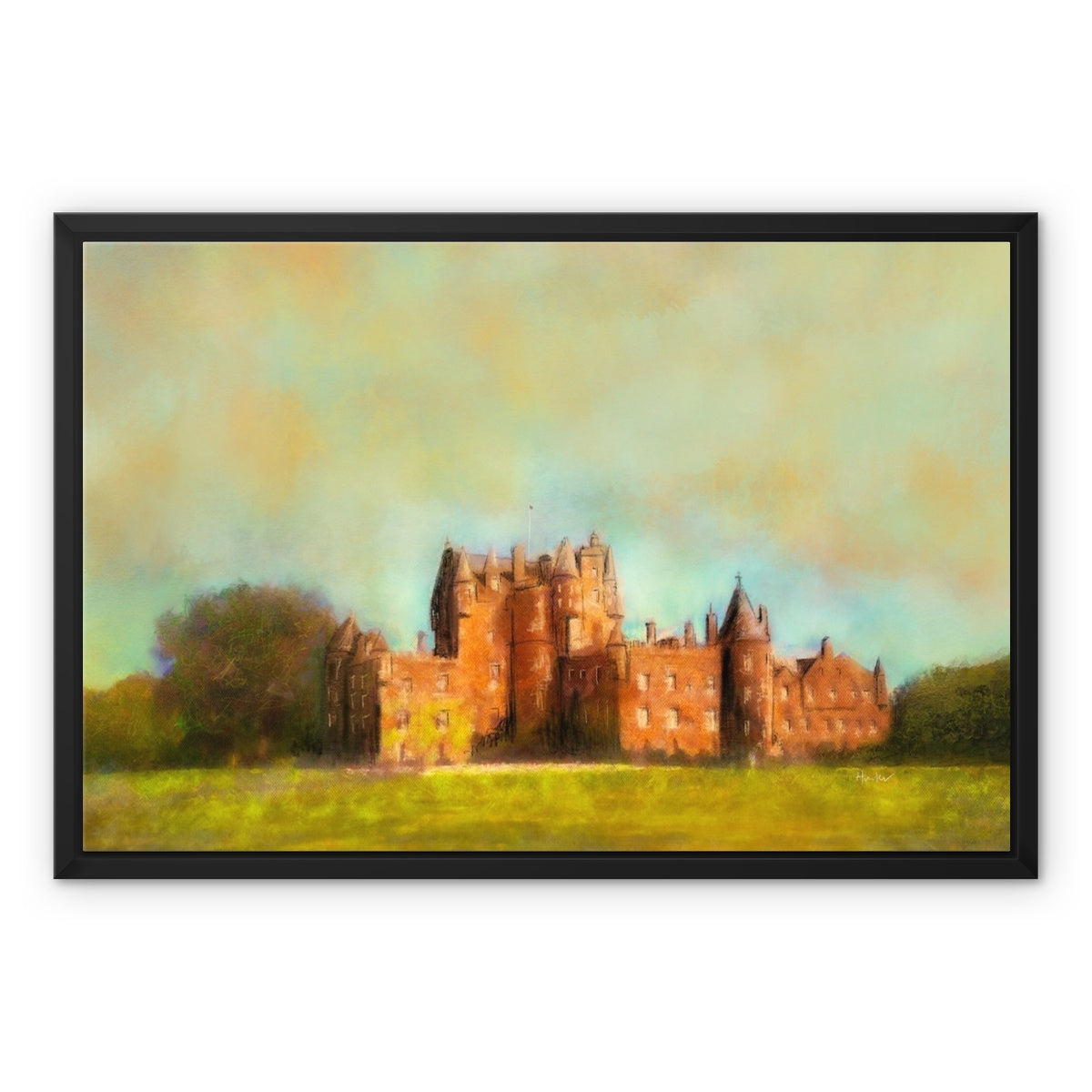 Glamis Castle Painting | Framed Canvas From Scotland-Floating Framed Canvas Prints-Historic & Iconic Scotland Art Gallery-24"x18"-Black Frame-Paintings, Prints, Homeware, Art Gifts From Scotland By Scottish Artist Kevin Hunter