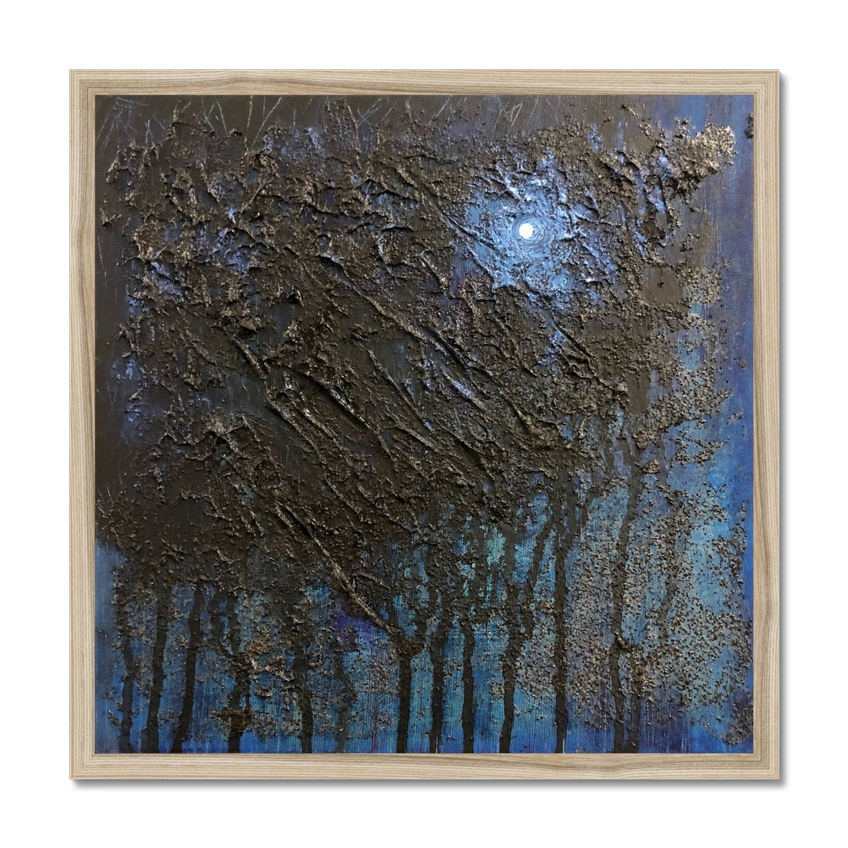 The Blue Moon Wood Abstract Painting | Framed Prints From Scotland-Framed Prints-Abstract & Impressionistic Art Gallery-20"x20"-Natural Frame-Paintings, Prints, Homeware, Art Gifts From Scotland By Scottish Artist Kevin Hunter