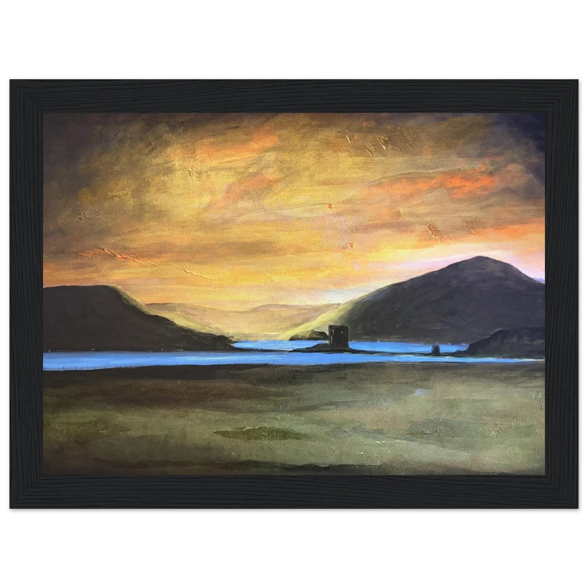 Castle Stalker Glow serene sunset oil painting over Scottish water
