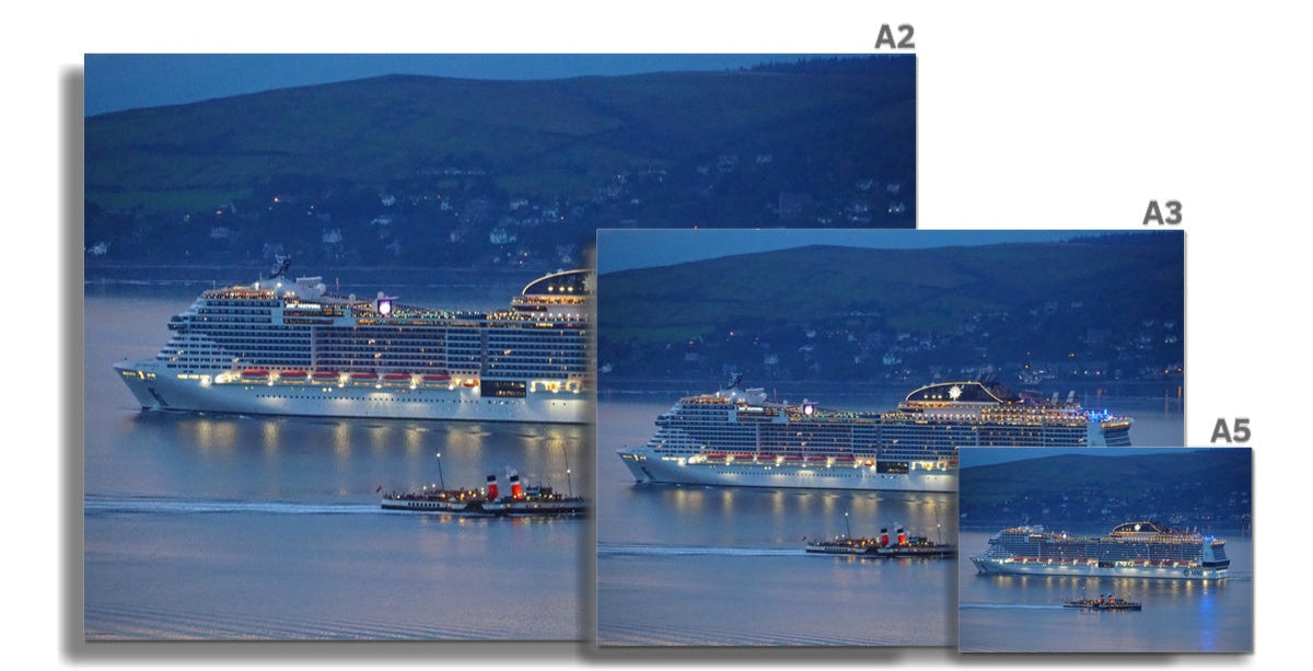 A brightly lit multi deck cruise ship with a white hull and illuminated windows msc virtuosa fine art print