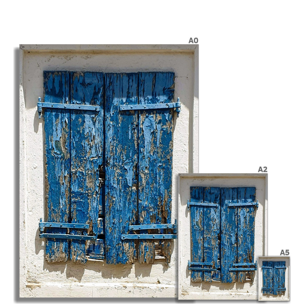 The shutters of lakones fine art print showing weathered blue wooden shutters with peeling paint and metal hardware