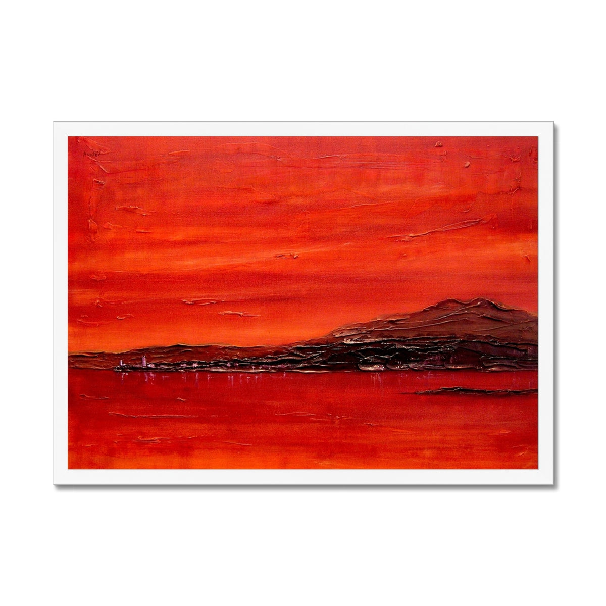 Toward Point Lighthouse Sunset Painting | Framed Prints From Scotland-Framed Prints-Arran Art Gallery-A2 Landscape-White Frame-Paintings, Prints, Homeware, Art Gifts From Scotland By Scottish Artist Kevin Hunter