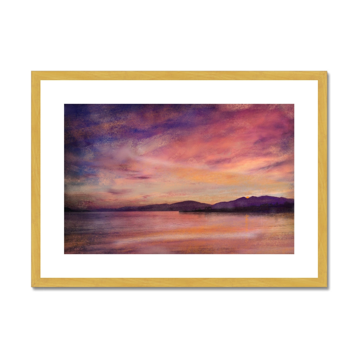 Loch Linnhe Dusk Painting | Antique Framed & Mounted Prints From Scotland-Antique Framed & Mounted Prints-Scottish Lochs & Mountains Art Gallery-A2 Landscape-Gold Frame-Paintings, Prints, Homeware, Art Gifts From Scotland By Scottish Artist Kevin Hunter