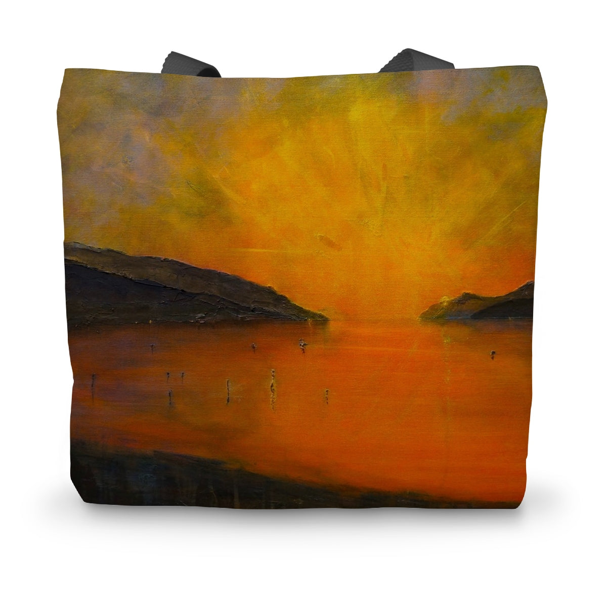 Loch Ness Sunset Canvas Prints Tote Bag with vibrant orange sunset over water