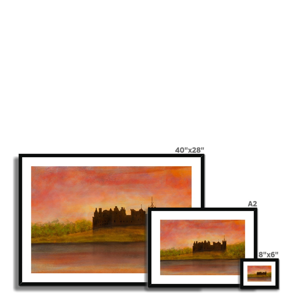 Framed 40x28 inch watercolor of Linlithgow Palace at sunset