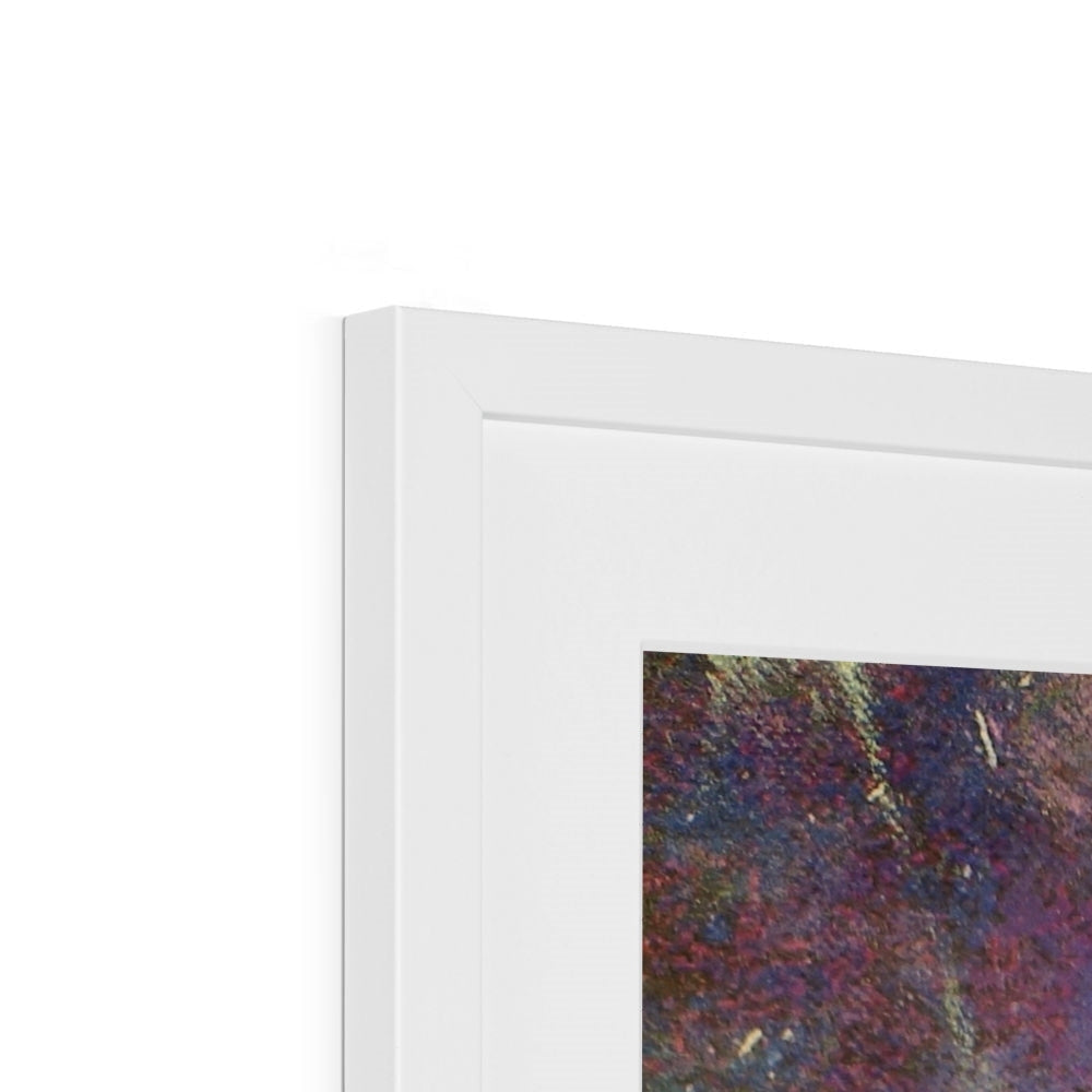 White framed Cairngorms Waterfall abstract art print in purple blue hues