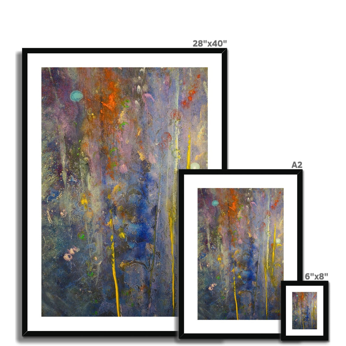28x40 Cairngorms Waterfall abstract art print with vibrant blue orange yellow splashes on gray