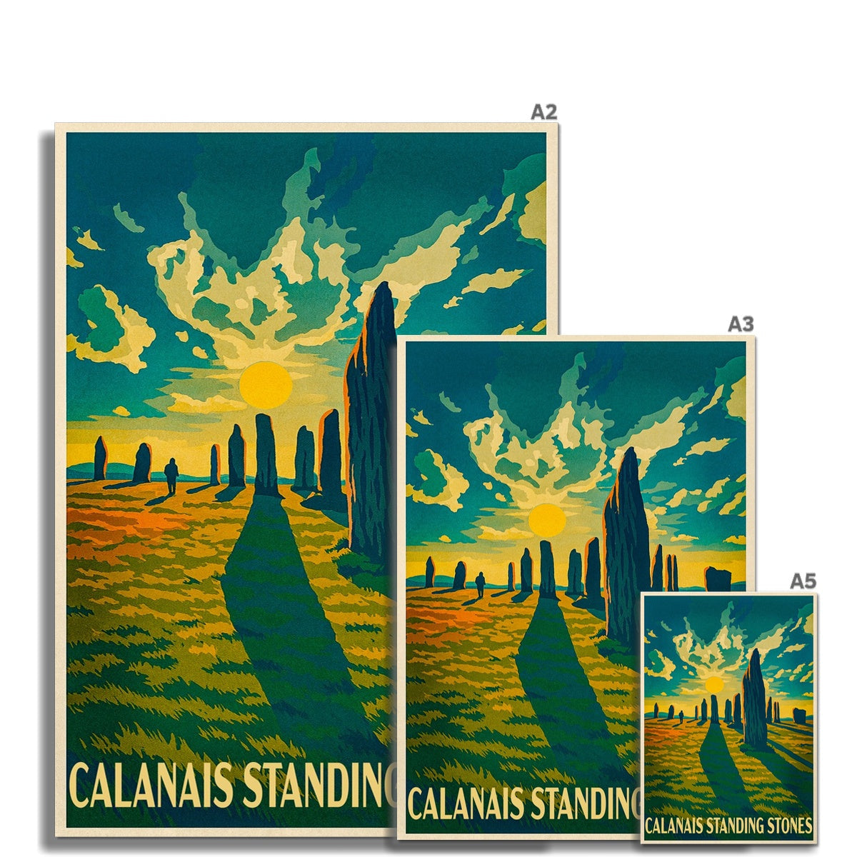 Vintage Calanais Standing Stones poster with vibrant sunset silhouette