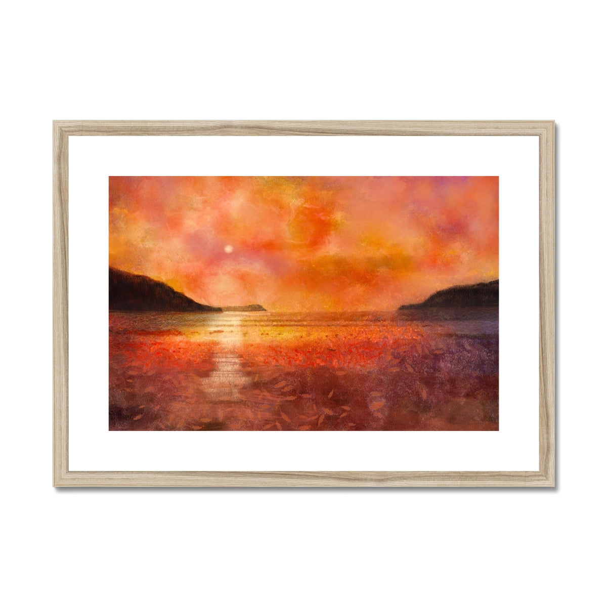 Calgary Beach Sunset Mull framed wooden print with orange pink hues
