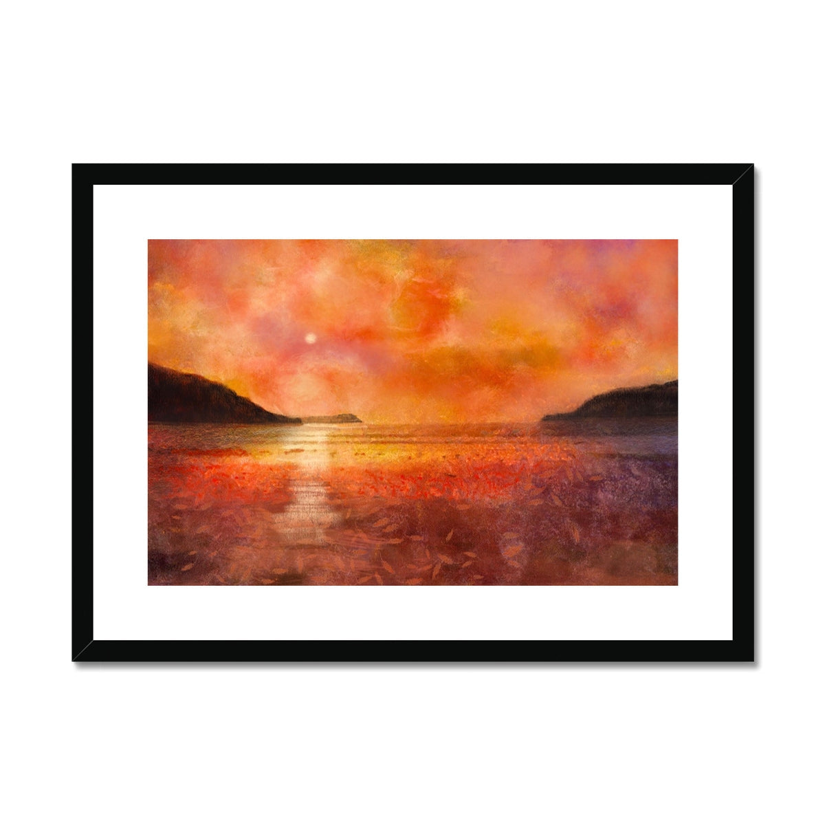 Calgary Beach Sunset Mull framed print with vibrant orange pink hues and water reflections