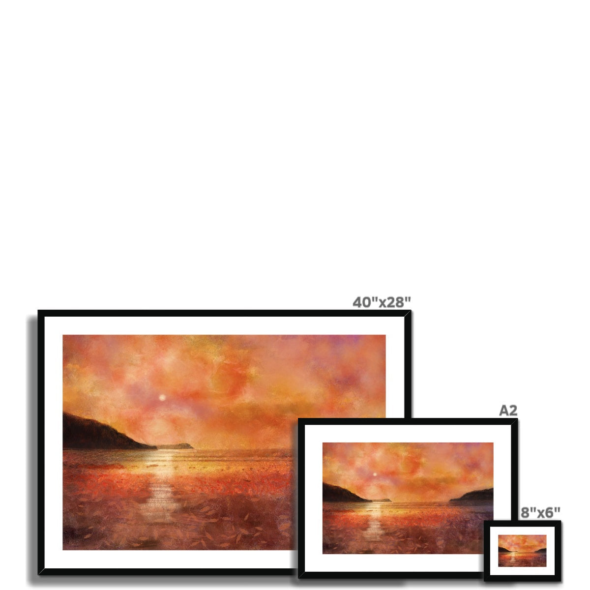 40x28 inch framed Calgary Beach Sunset Mull print in vibrant orange pink hues black frame