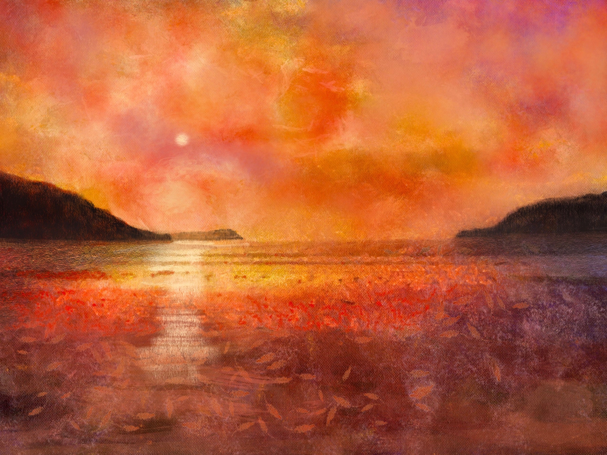Fiery sunset seascape painting titled Calgary Beach Sunset Mull Original Painting