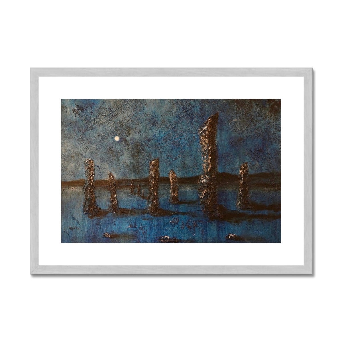 Callanish Moonlight Lewis Painting | Antique Framed & Mounted Prints From Scotland-Antique Framed & Mounted Prints-Hebridean Islands Art Gallery-A2 Landscape-Silver Frame-Paintings, Prints, Homeware, Art Gifts From Scotland By Scottish Artist Kevin Hunter