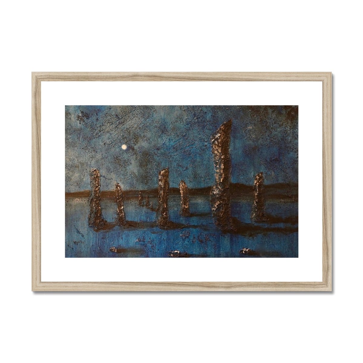 Callanish Moonlight Lewis Painting | Framed & Mounted Prints From Scotland-Framed & Mounted Prints-Hebridean Islands Art Gallery-A2 Landscape-Natural Frame-Paintings, Prints, Homeware, Art Gifts From Scotland By Scottish Artist Kevin Hunter