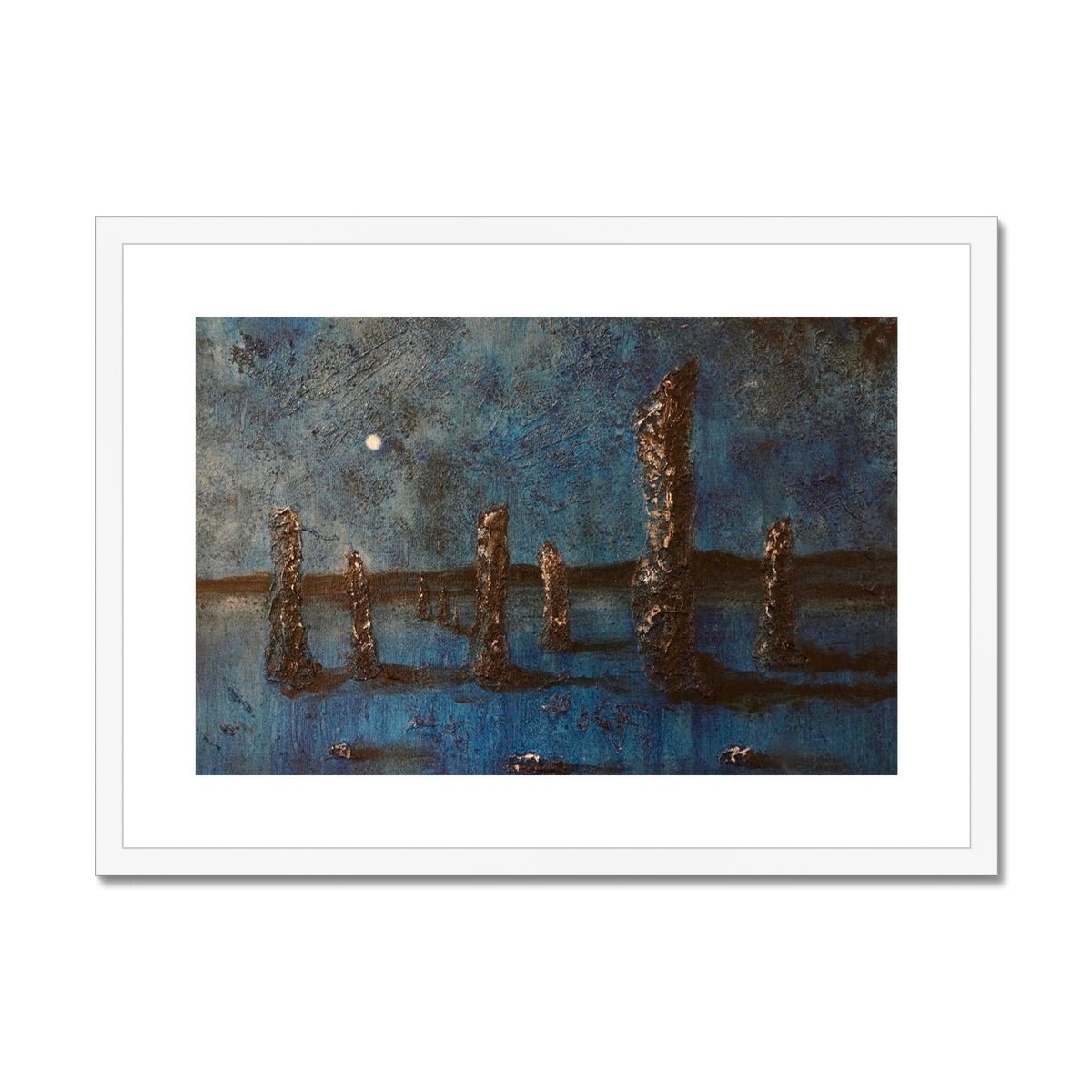 Callanish Moonlight Lewis Painting | Framed & Mounted Prints From Scotland-Framed & Mounted Prints-Hebridean Islands Art Gallery-A2 Landscape-White Frame-Paintings, Prints, Homeware, Art Gifts From Scotland By Scottish Artist Kevin Hunter