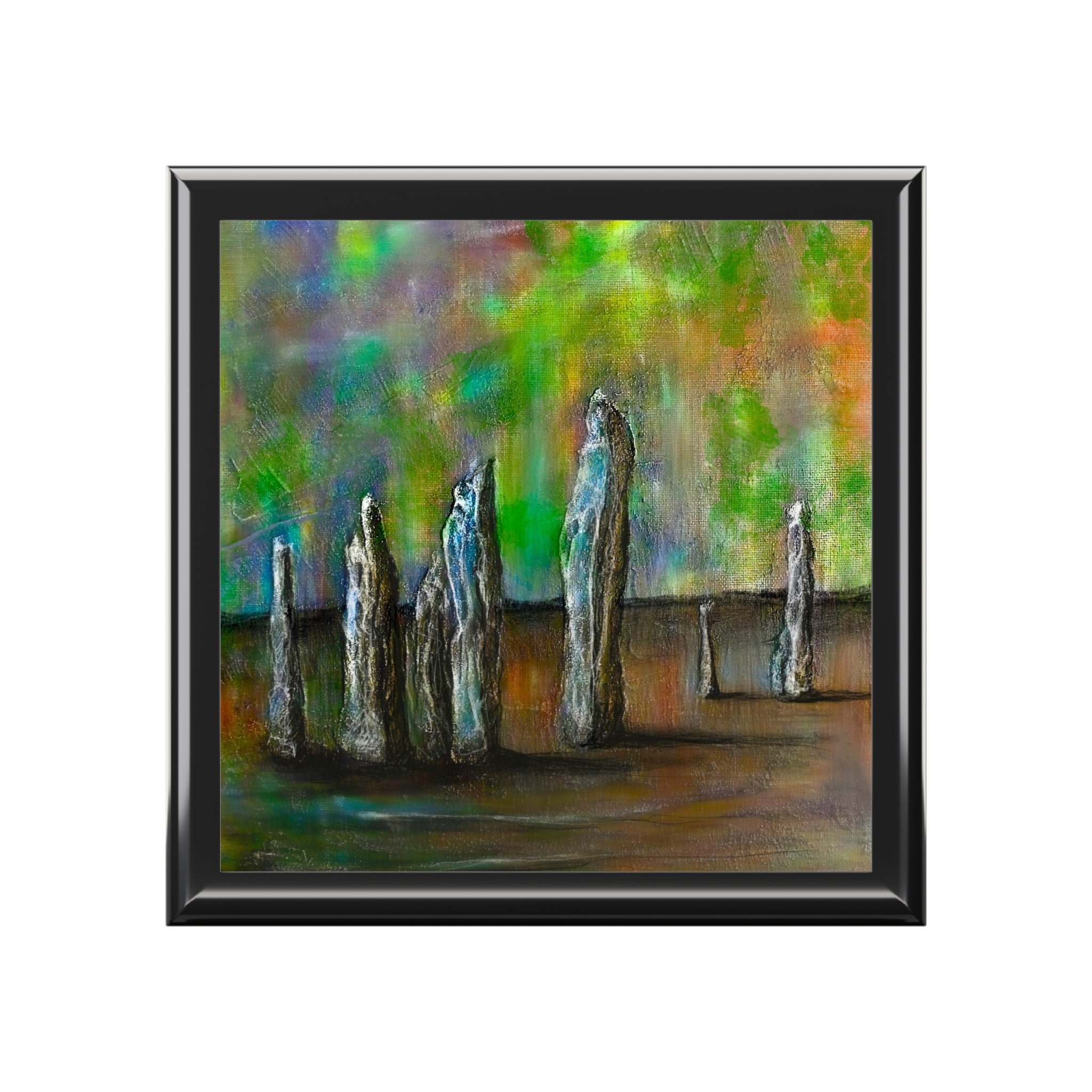 Abstract painting of standing stones inspired by Callanish Northern Lights for Scotland jewelry box