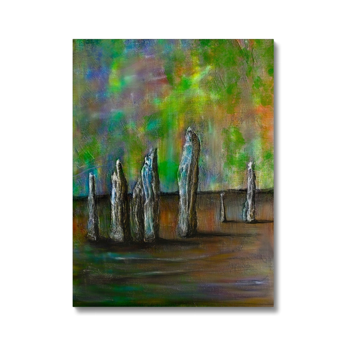 Green and brown abstract totem poles in Callanish Northern Lights canvas print