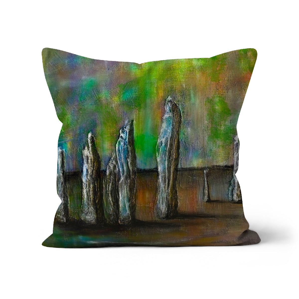 Callanish Northern Lights green brown abstract landscape pillow