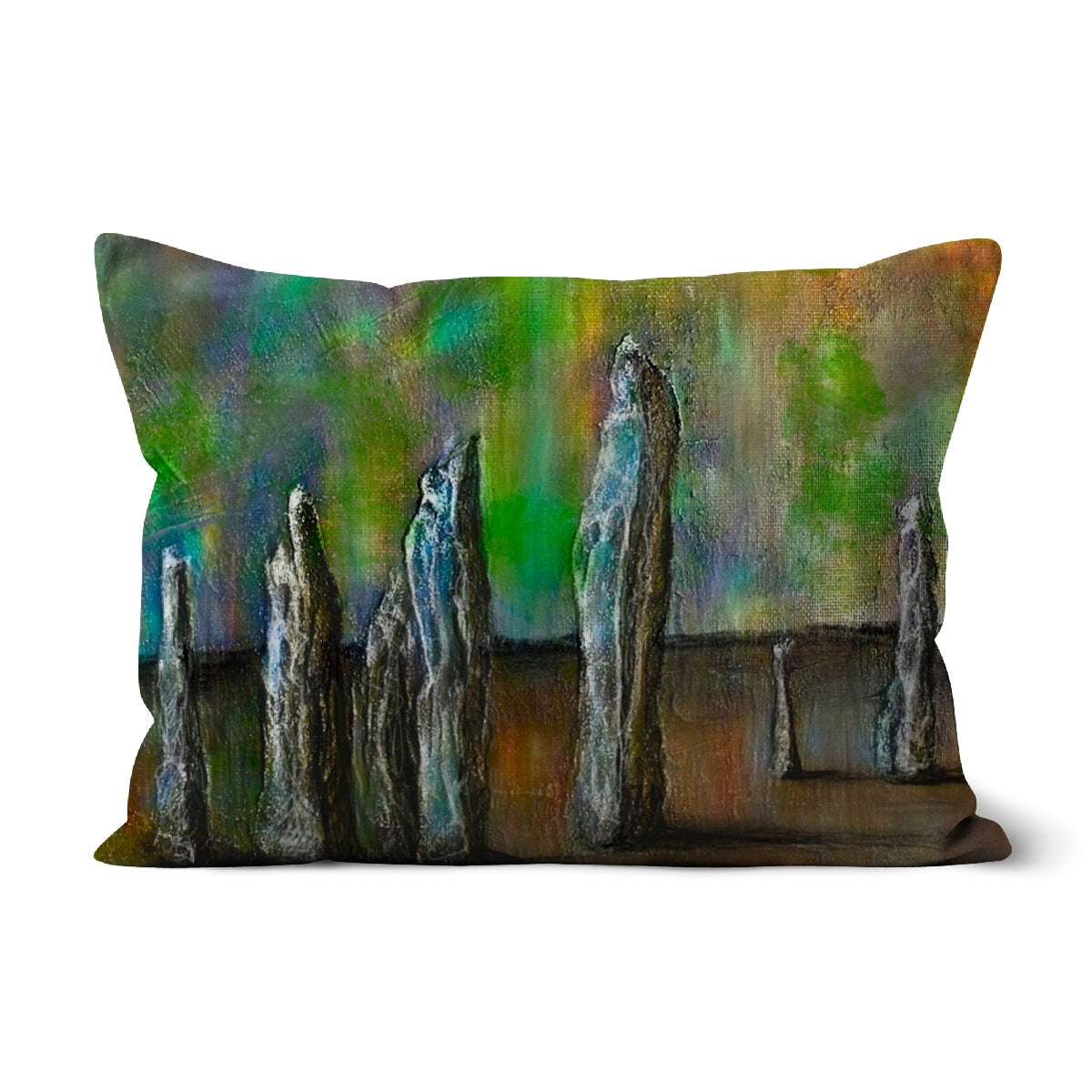 Green and brown abstract Callanish Northern Lights pillow cover with tree shapes
