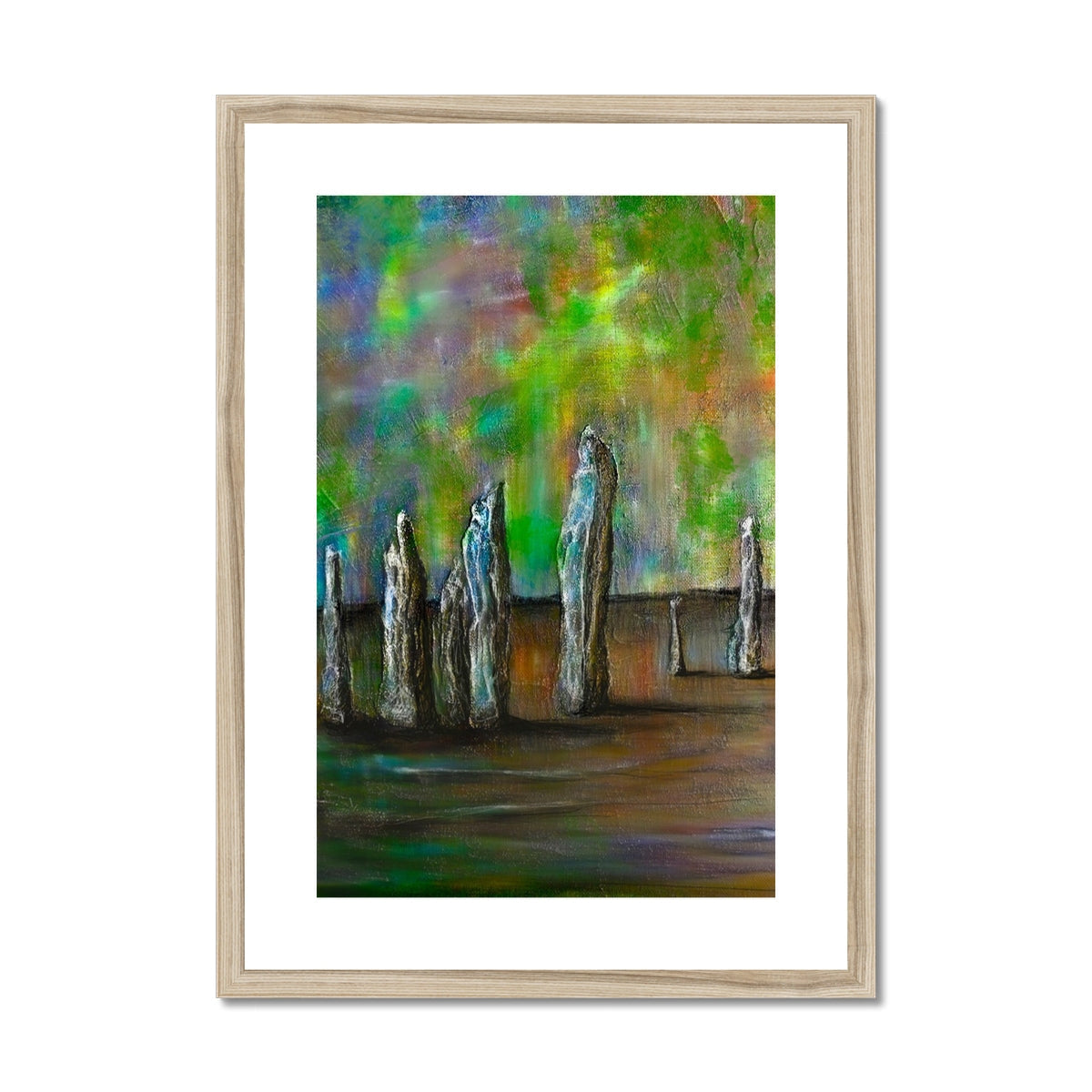 Callanish Northern Lights abstract art print with slender figures on green blue background
