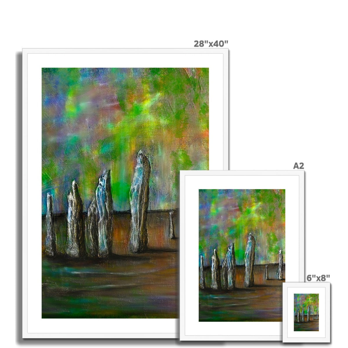 28x40 Callanish Northern Lights abstract painting with metallic figures on vibrant green yellow background, white frame