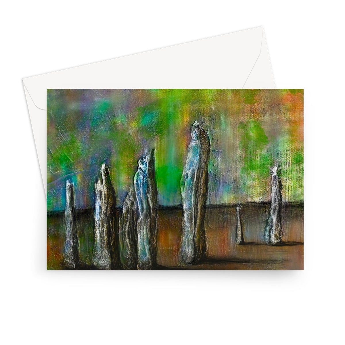 Callanish Northern Lights greeting card with green orange abstract stone figures