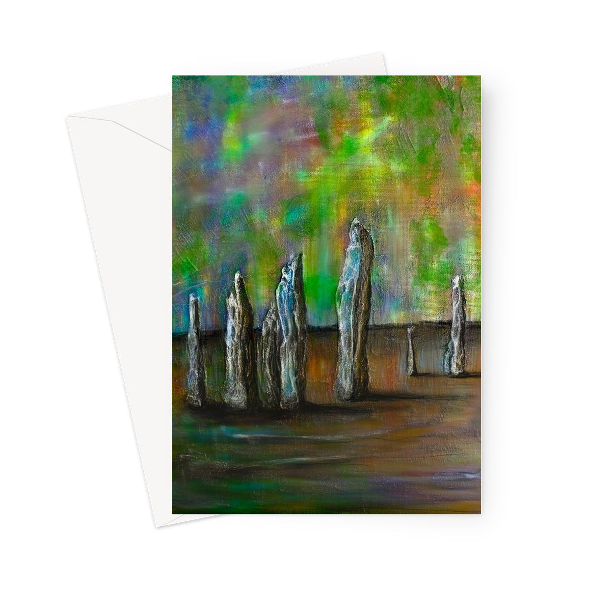 Green and brown abstract art greeting card with stone-like figures, Callanish Northern Lights