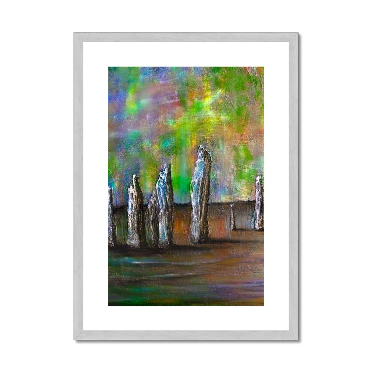 Callanish Northern Lights Lewis Painting | Antique Framed & Mounted Prints From Scotland-Antique Framed & Mounted Prints-Hebridean Islands Art Gallery-A2 Portrait-Silver Frame-Paintings, Prints, Homeware, Art Gifts From Scotland By Scottish Artist Kevin Hunter