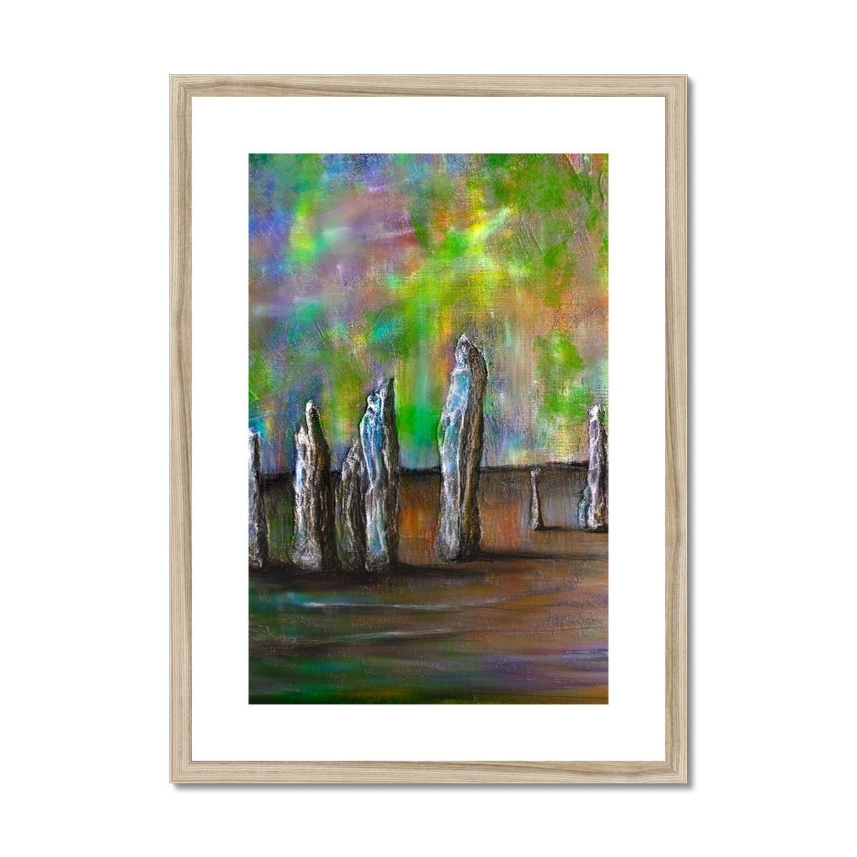 Callanish Northern Lights Lewis Painting | Framed & Mounted Prints From Scotland-Framed & Mounted Prints-Hebridean Islands Art Gallery-A2 Portrait-Natural Frame-Paintings, Prints, Homeware, Art Gifts From Scotland By Scottish Artist Kevin Hunter