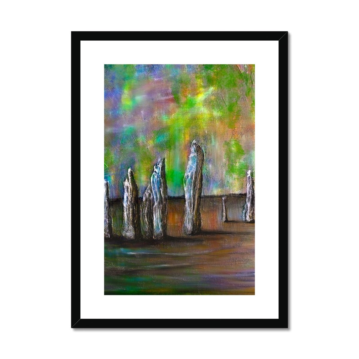 Callanish Northern Lights Lewis Painting | Framed & Mounted Prints From Scotland-Framed & Mounted Prints-Hebridean Islands Art Gallery-A2 Portrait-Black Frame-Paintings, Prints, Homeware, Art Gifts From Scotland By Scottish Artist Kevin Hunter