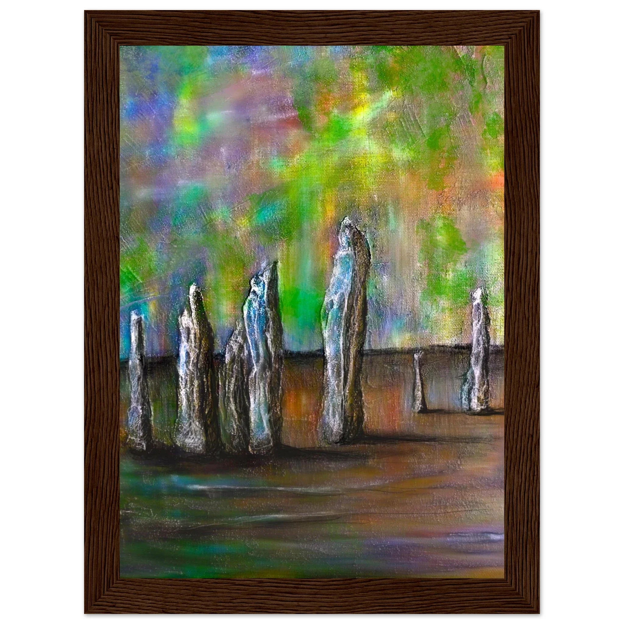 Framed Callanish stone circle painting under northern lights, Lewis, Scotland