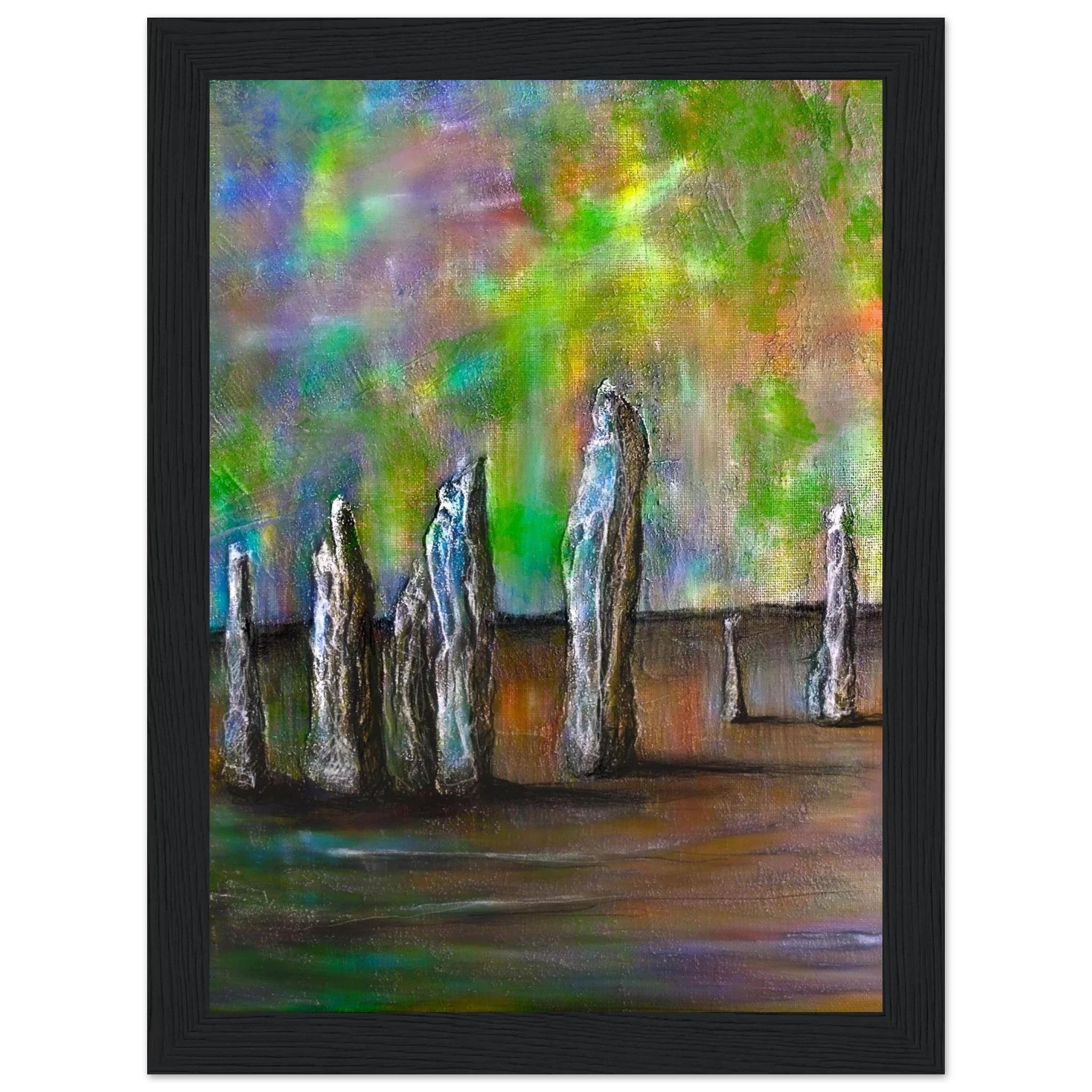 Abstract Callanish monoliths under northern lights in Lewis, Scotland