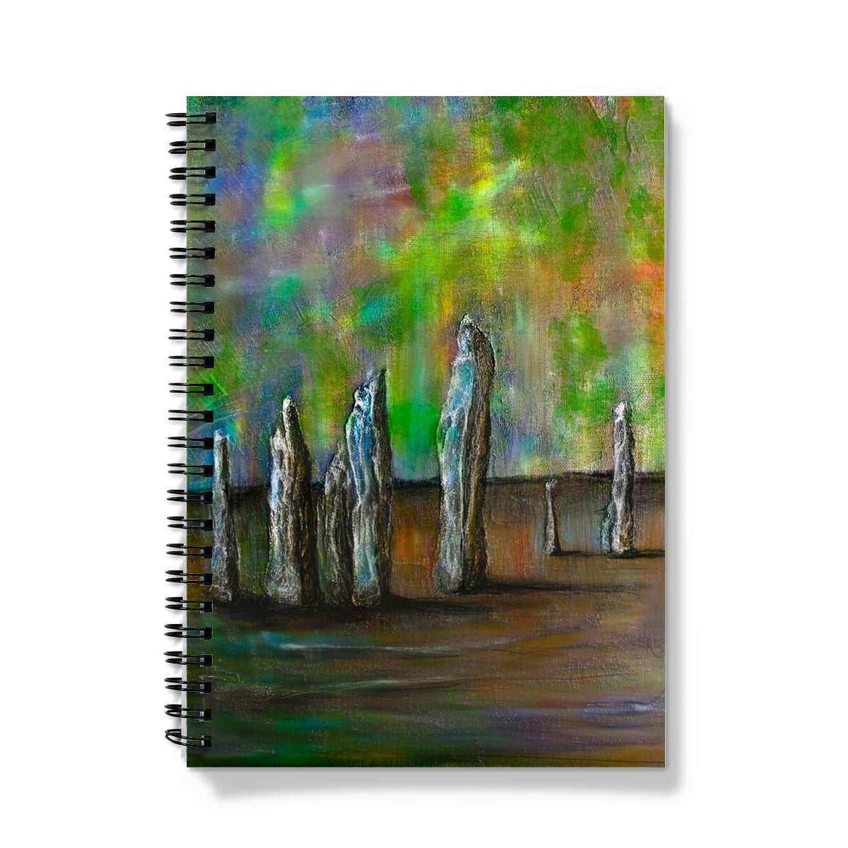Callanish Northern Lights notebook with stone figures in greens and browns