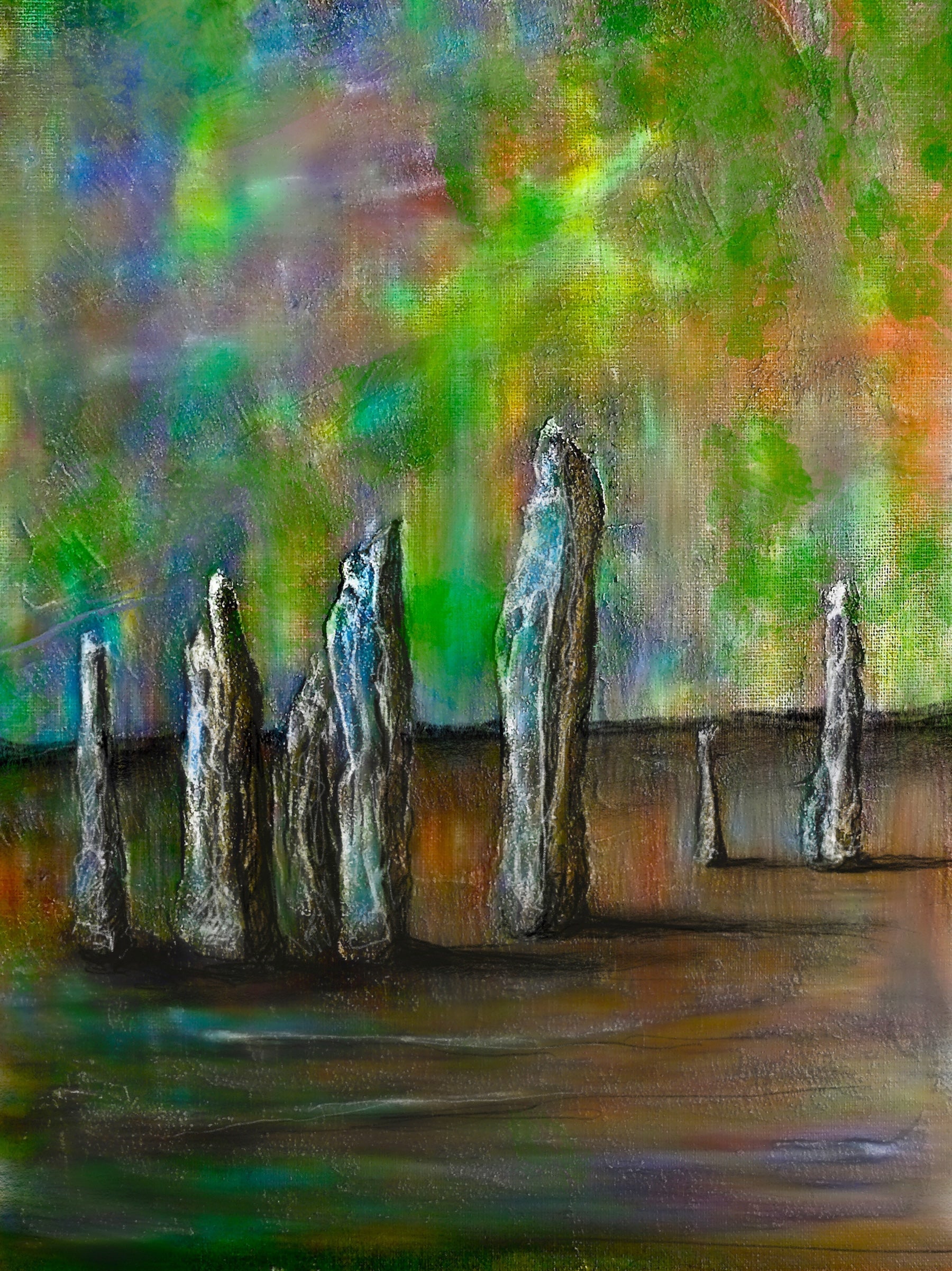 Green and brown abstract Scottish landscape painting featuring tall slender trees titled Callanish Northern Lights