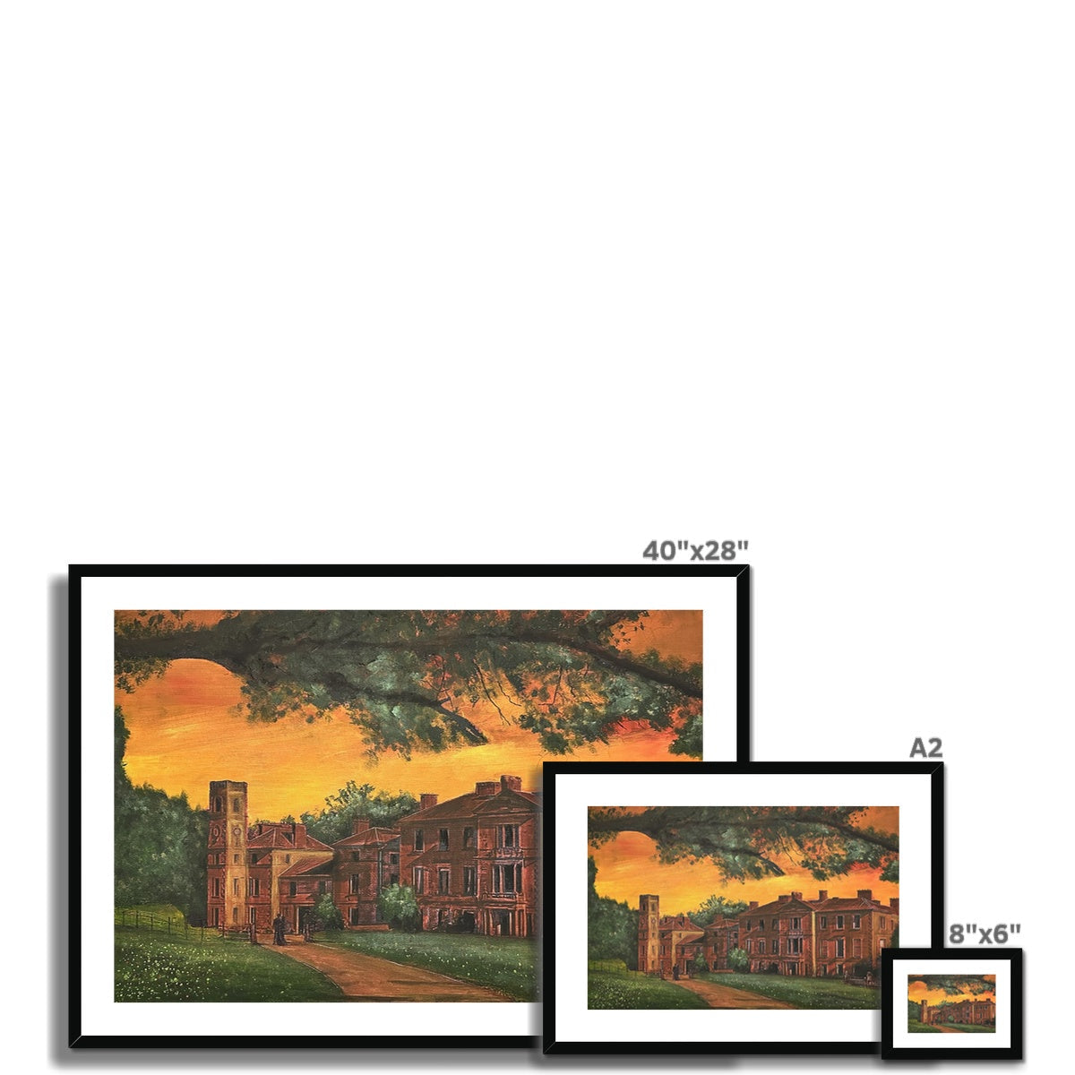 Three framed prints of Cambo House St Andrews with a historic building under an orange sky