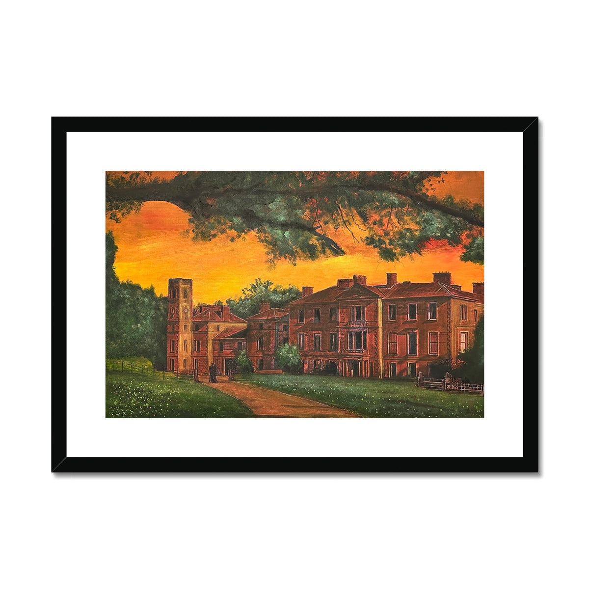 Framed print of Cambo House St Andrews with estate, tower, buildings, path, and green grounds under orange sky