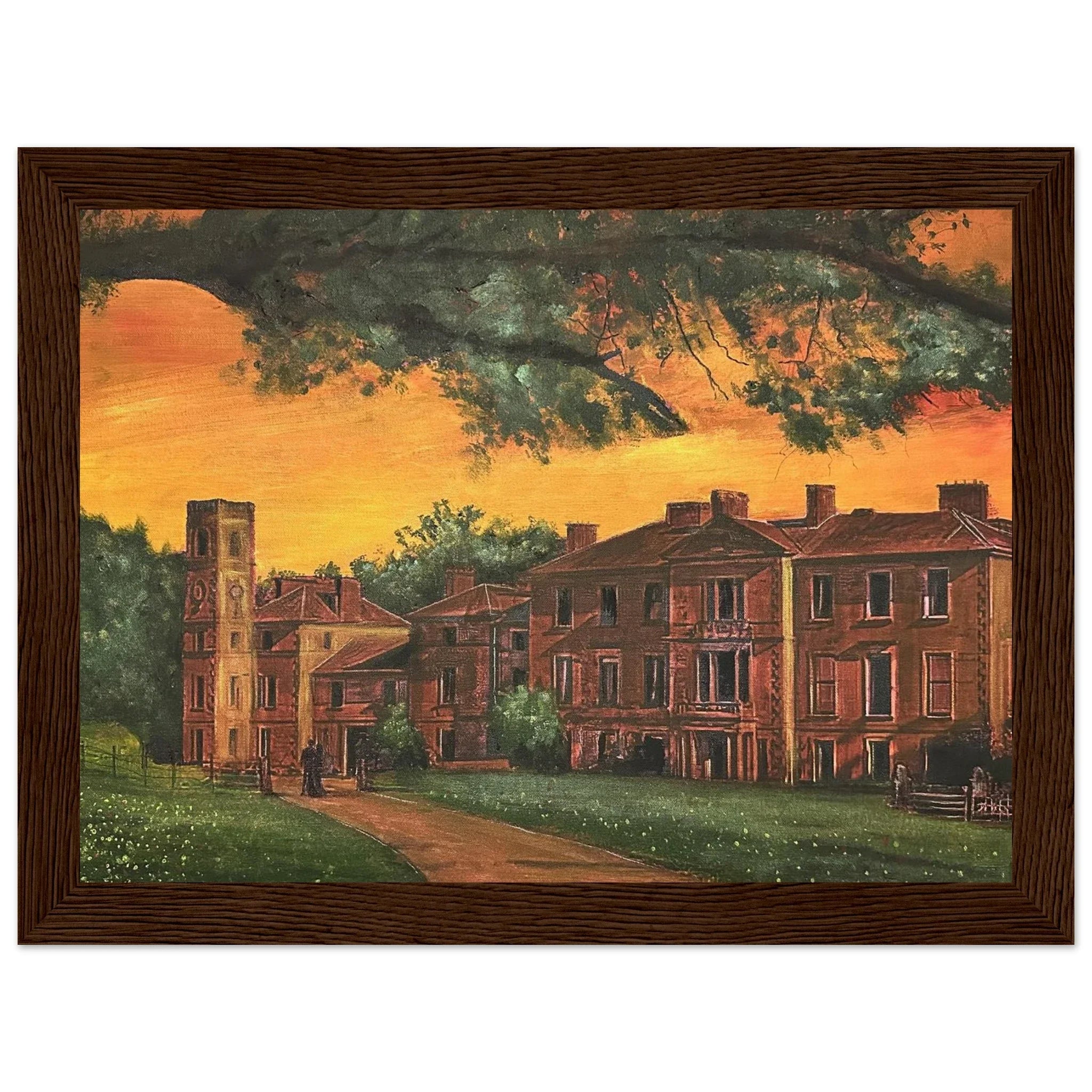 Brown wooden-framed painting of Cambo House St Andrews under orange sunset sky