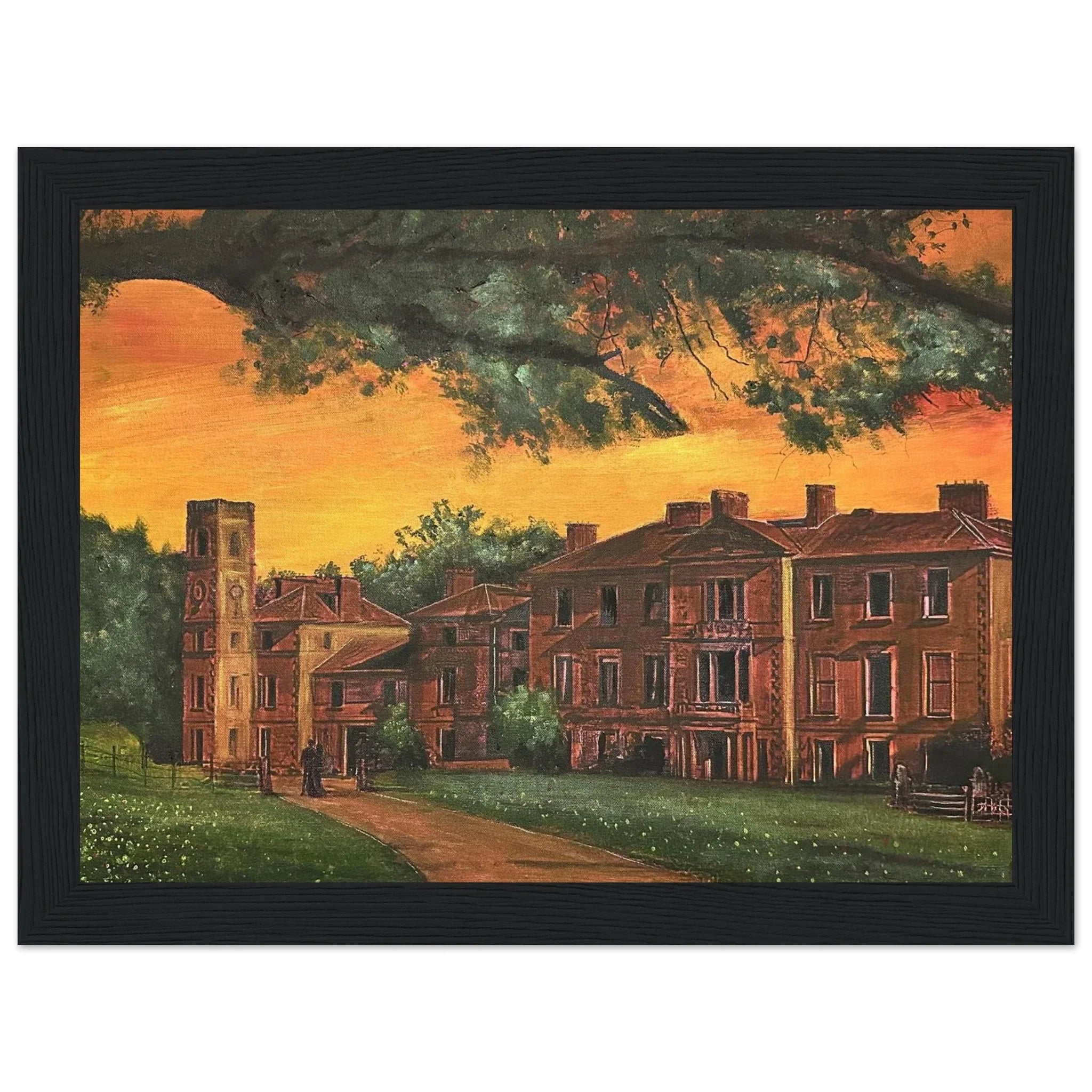 Black-framed Cambo House painting, St Andrews historic brick complex at orange sunset