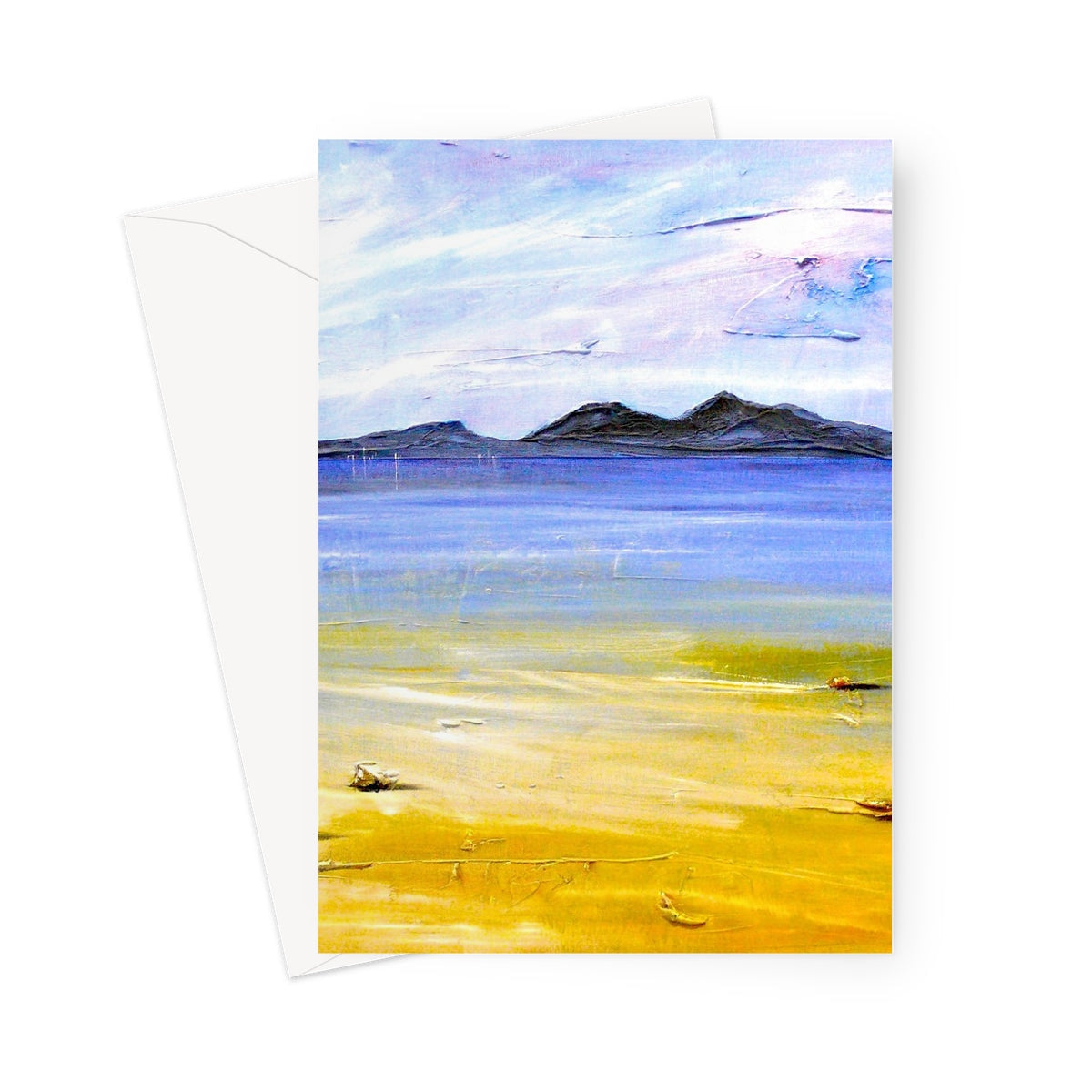 Yellow Camusdarach Beach Arisaig greeting card with blue sky mountains textured paper