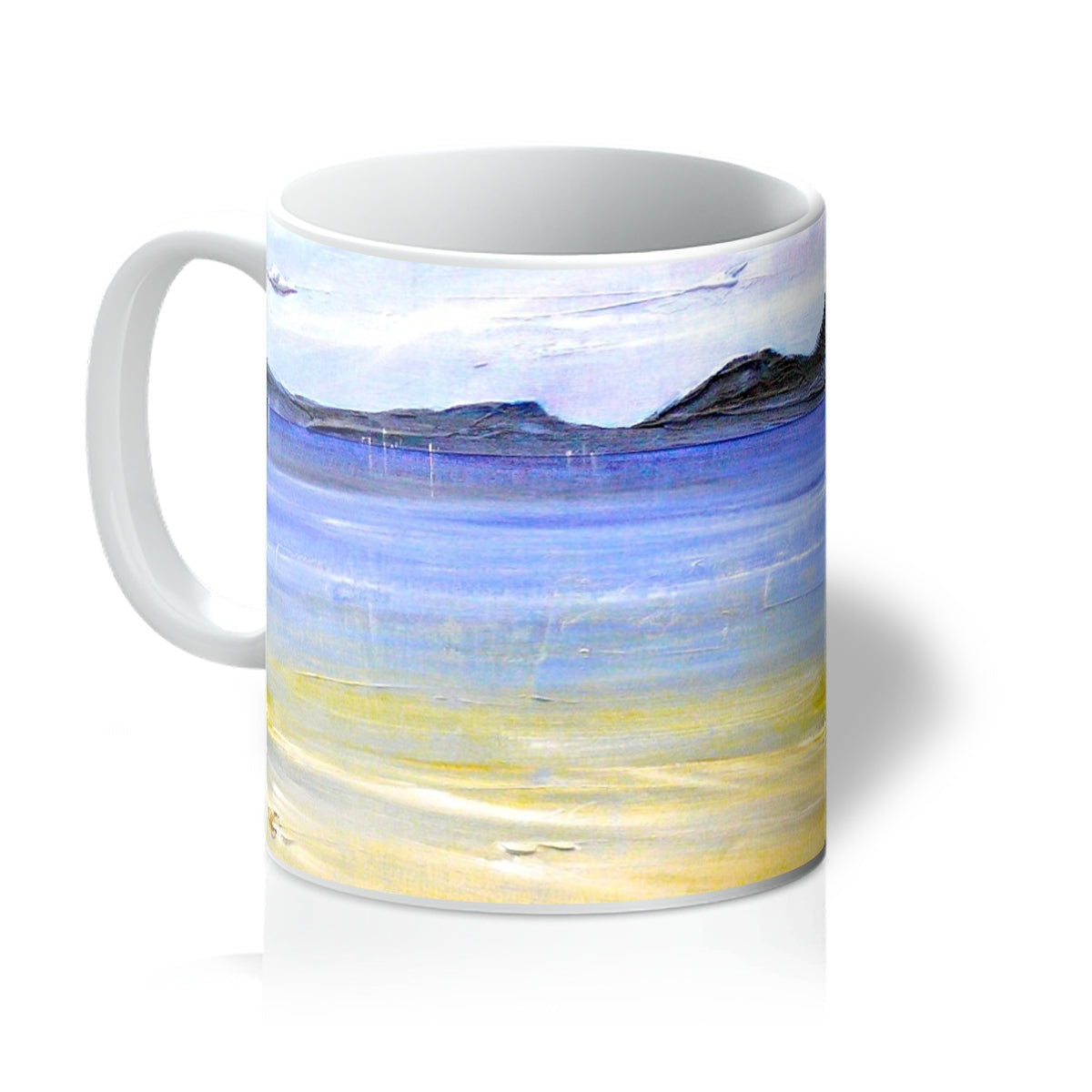 Camusdarach Beach Arisaig ceramic mug with blue and yellow abstract landscape design