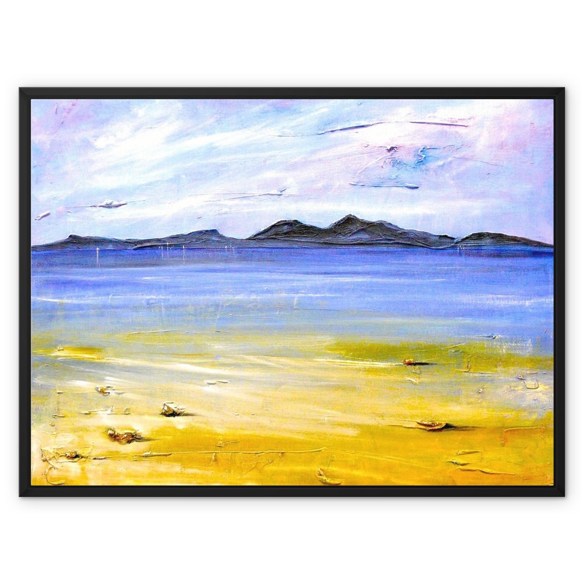 Camusdarach Beach Arisaig Painting | Framed Canvas-Floating Framed Canvas Prints-Scottish Highlands & Lowlands Art Gallery-32"x24"-Black Frame-Paintings, Prints, Homeware, Art Gifts From Scotland By Scottish Artist Kevin Hunter